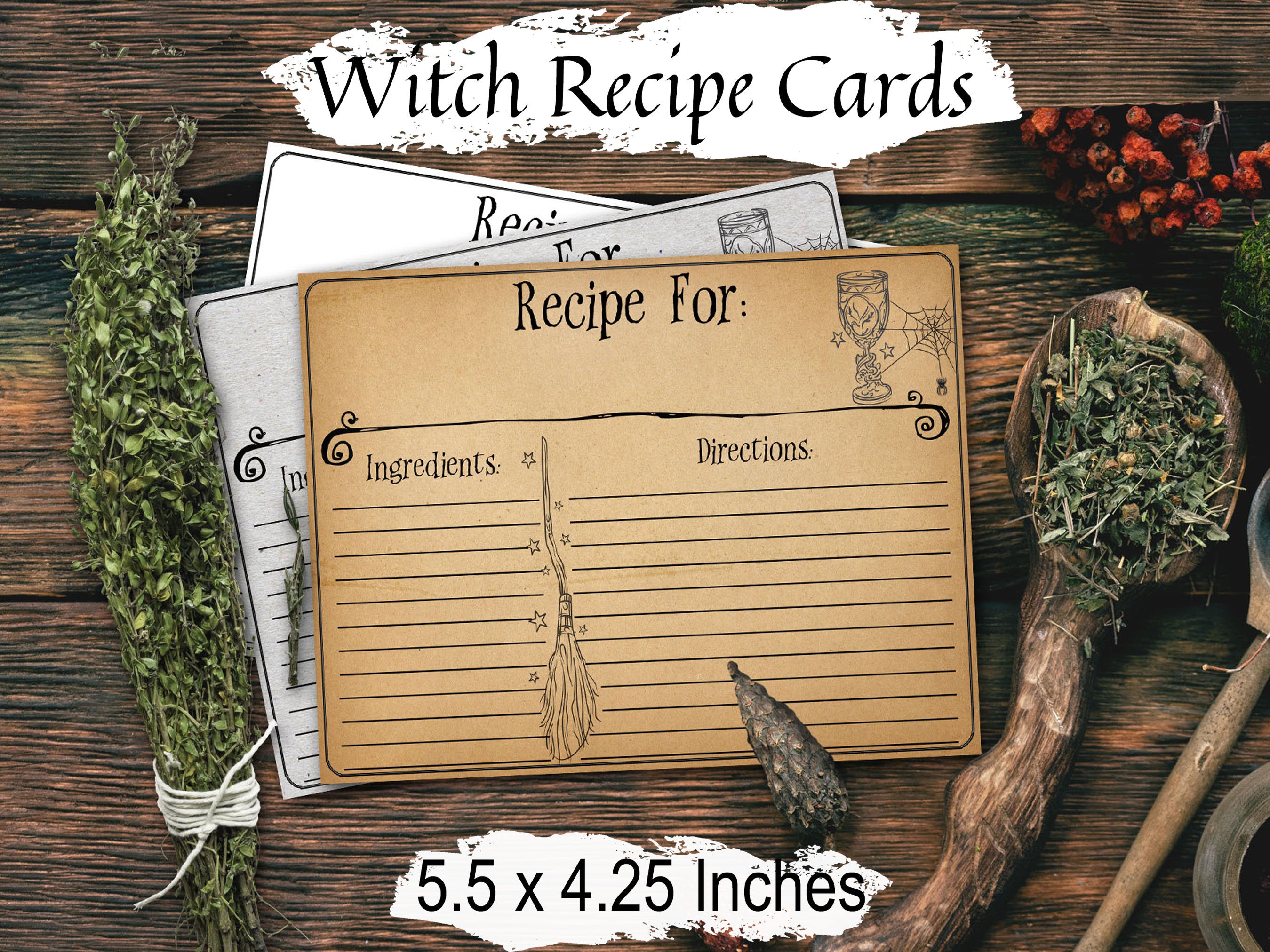 WITCH RECIPE CARDS, Kitchen Witch Spell Cards, Recipe Card Templates, Write Down your Spells, Wicca Witchcraft Magic diary Journal cards - Morgana Magick Spell
