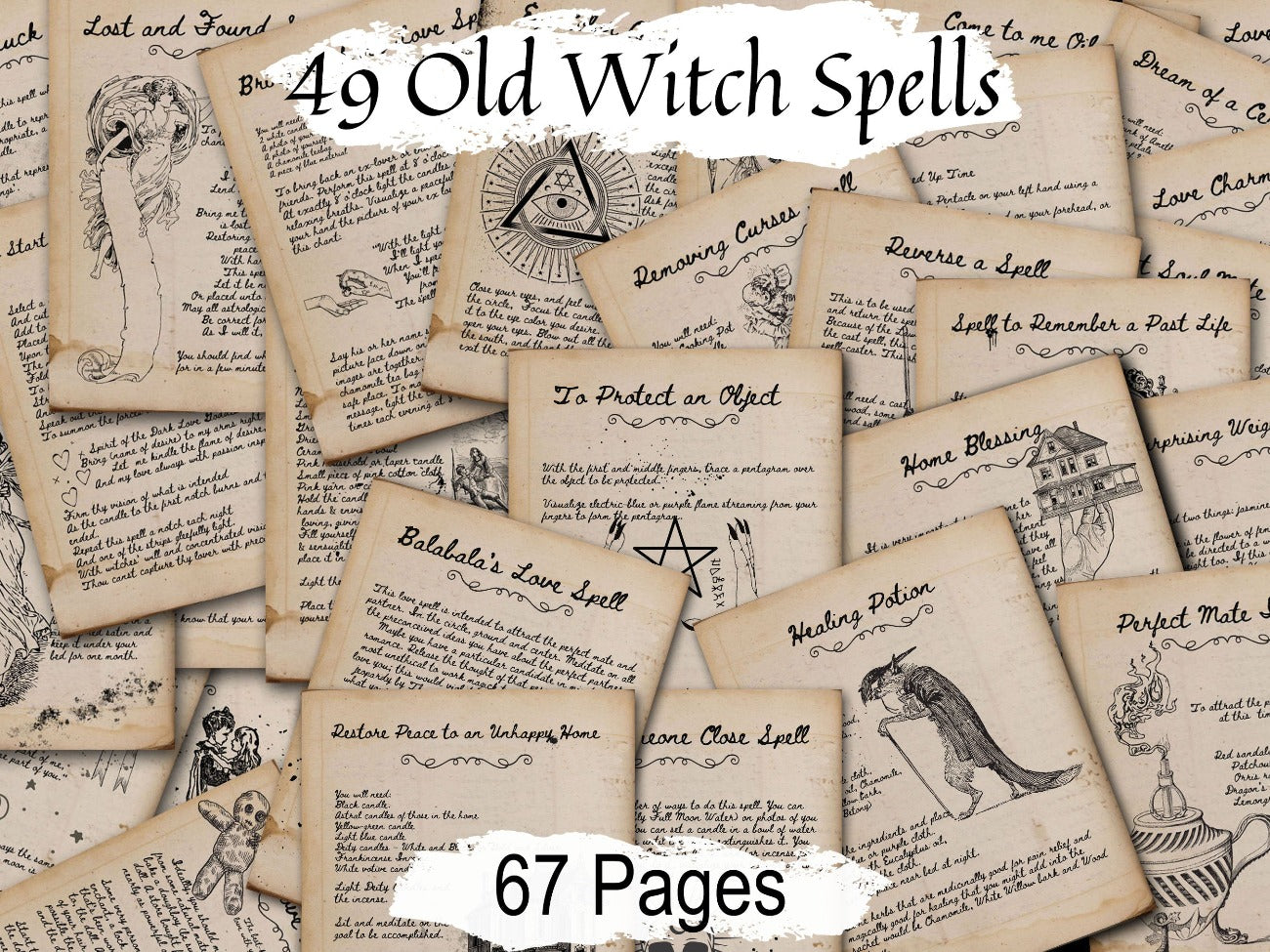 49 Old Witch spells are displayed stacked on top of each other. The pages are of ancient parchment with vintage illustrations and spidery handwritten font- Morgana Magick Spell