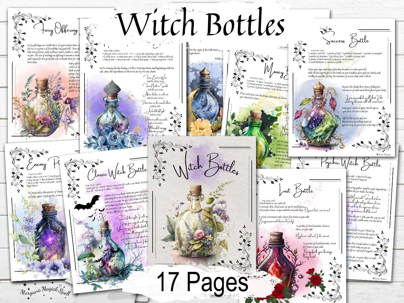 WITCH BOTTLES Bundle, 12 Original Spells, 17 Pages, Printable Kitchen Witch Spell Bottles for Protection, Love, Money, Moon spells & more - Morgana Magick Spell