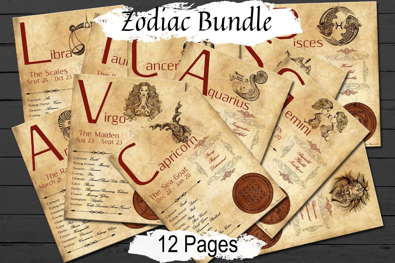 12 ZODIAC BIRTH SIGNS, Zodiac Signs Symbols, Zodiac Printable, 12 Pages, Digital Download, Zodiac Posters, Gifts, Astrology Birth Chart- Morgana Magick Spell