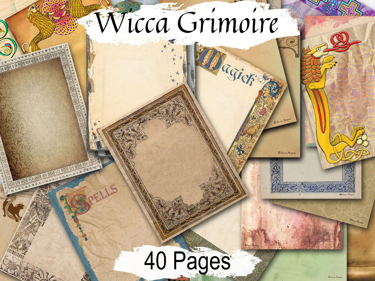 WICCA GRIMOIRE JOURNAL 40 Blank Pages, Witchcraft Book of Shadows Junk Journal Kit, Ornate Pagan Printable Witch Stationary, Old Book Pages - Morgana Magick Spell
