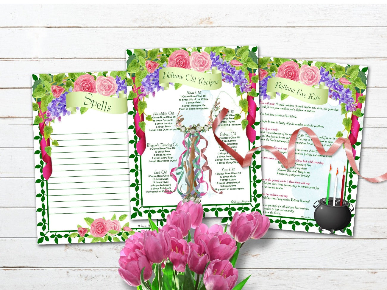 BELTANE WICCA SABBAT, Grimoire Printable Spellbook, Beltane Oil Recipes, Fire Rite, and Blank Lined Spells page - Morgana Magick Spell