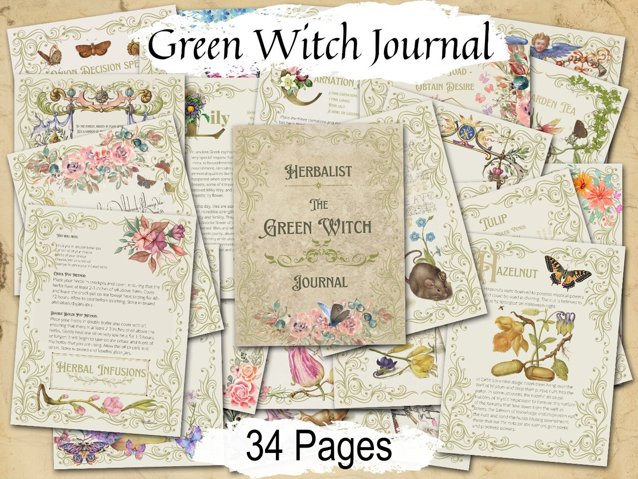 Green Witch Junk Journal Kit 34 pages, including labels and seed packages. Pretty vintage style pages with flowers, butterflies, recipes, spells, and incantations - Morgana Magick Spell