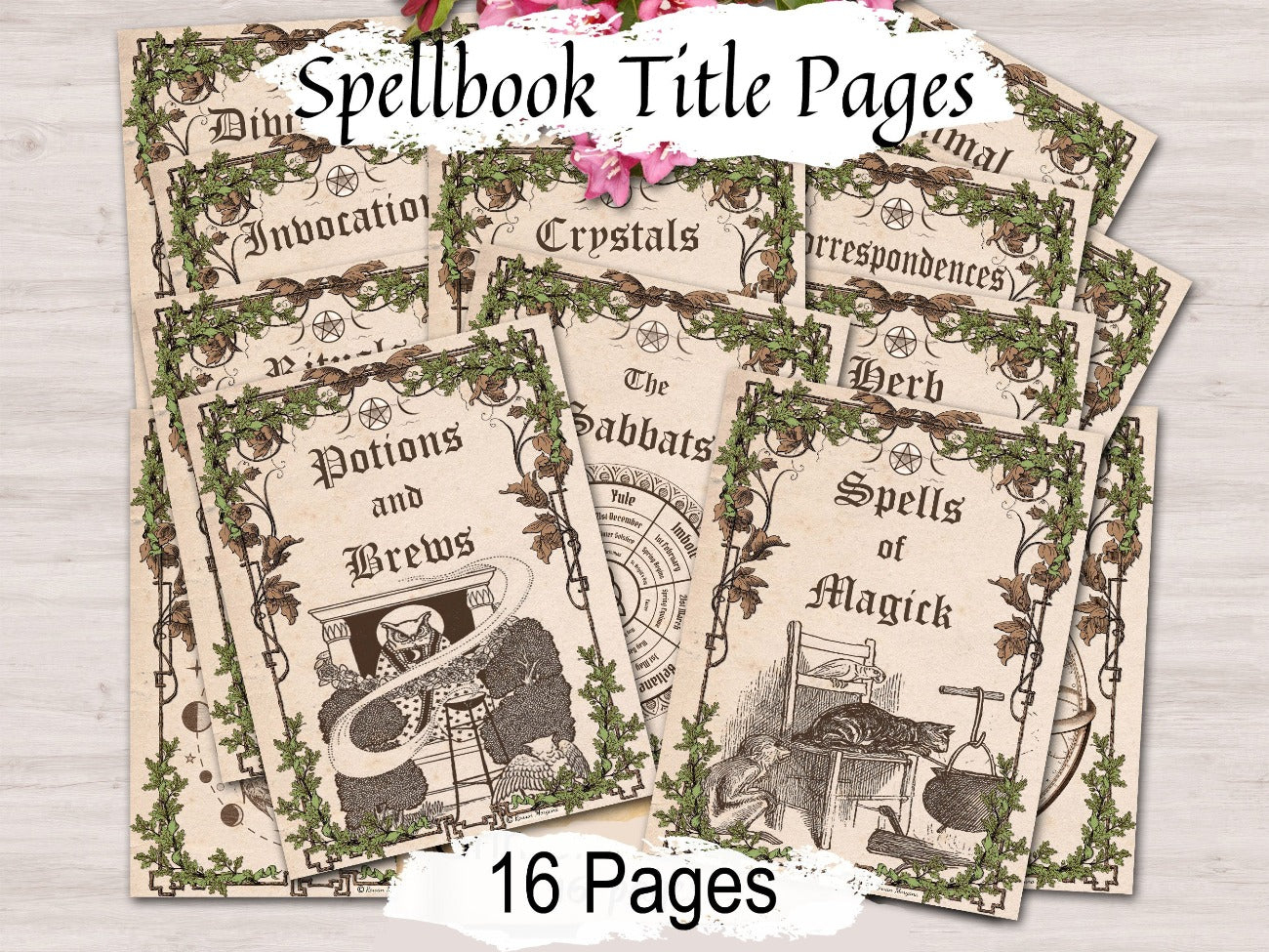 SPELLBOOK Title Pages, 16 Pages, Book of Shadows Dividers, Organize your BOS, Wicca Witchcraft Journal Pages, Grimoire Dividers Printable - Morgana Magick Spell