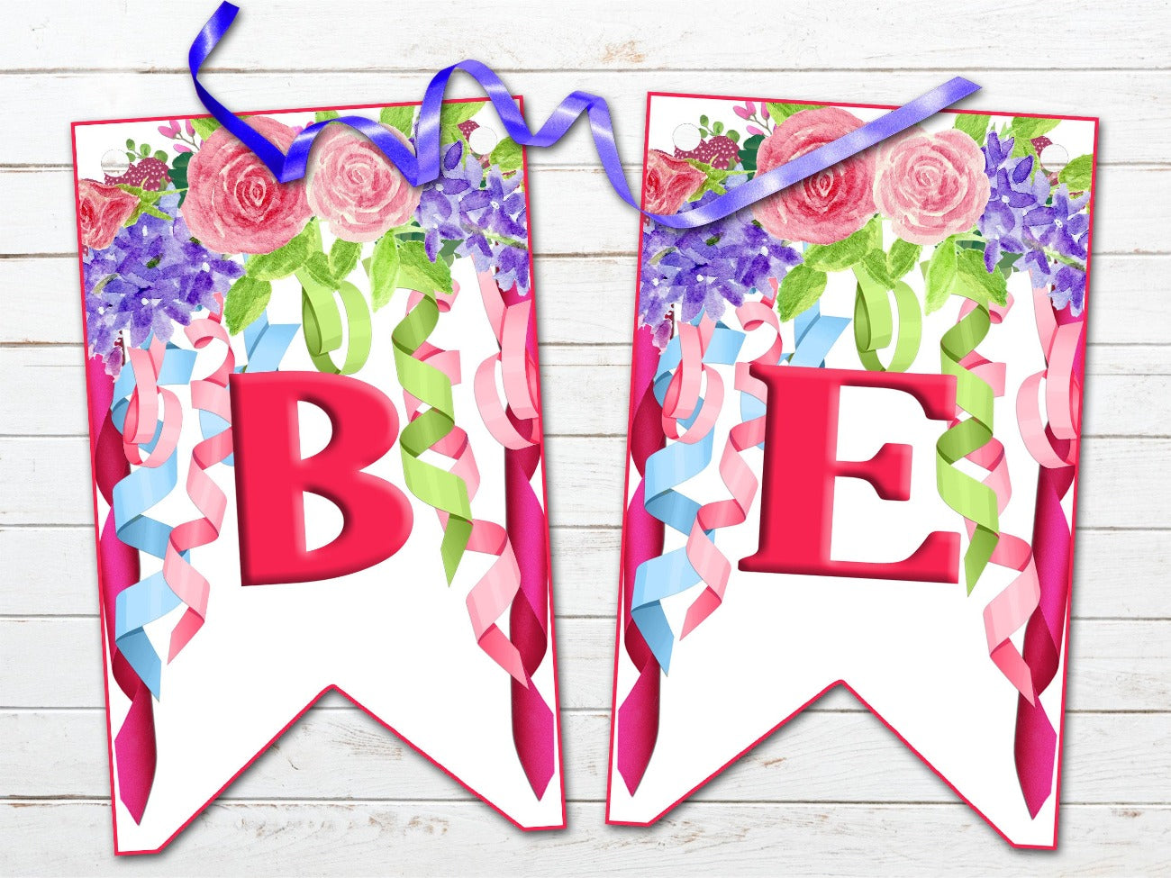 BELTANE BANNER, Pagan Altar Garland Decoration, B & E, each flag has pastel ribbons and flowers in colors of pink, mauve, green and blueoon a white background - Morgana Magick Spell