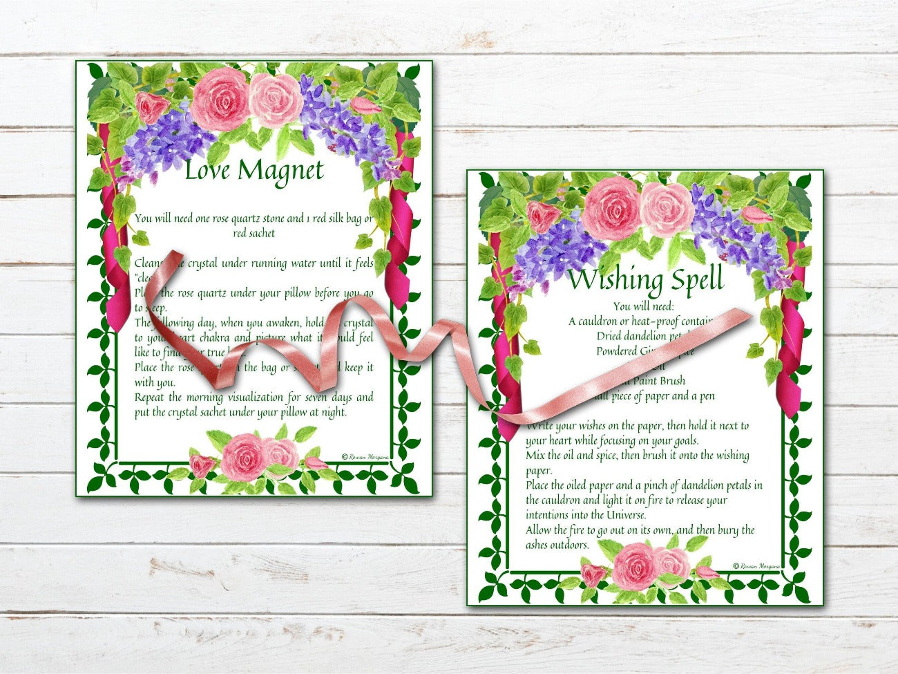 BELTANE SPELL CARDS, Have a white background, green ivy border and pretty pastel florals at the top and bottom. Love Magnet Spell and Wishing Spell cards are featured - Morgana Magick Spell