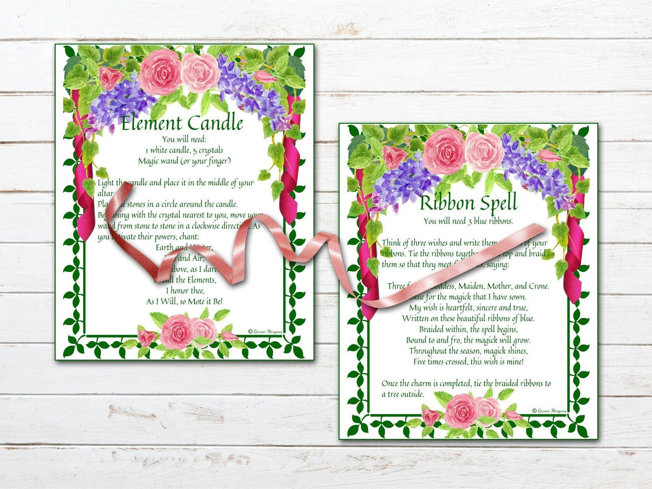BELTANE SPELL CARDS, Have a white background, green ivy border and pretty pastel florals at the top and bottom. Element Candle Spell and Ribbon Spell cards are featured - Morgana Magick Spell