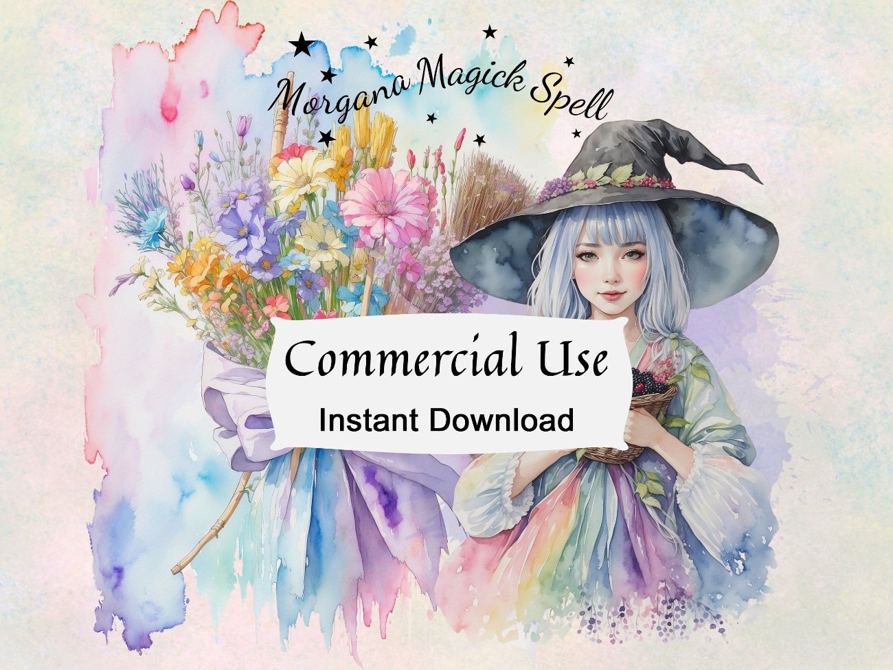 LIL BELTANE WITCHY, Commercial License Clipart, Fantasy Graphics, Pagan Sabbat, 7 png transparent files, Watercolor Witch Bundle, Witchy Art - Morgana Magick Spell