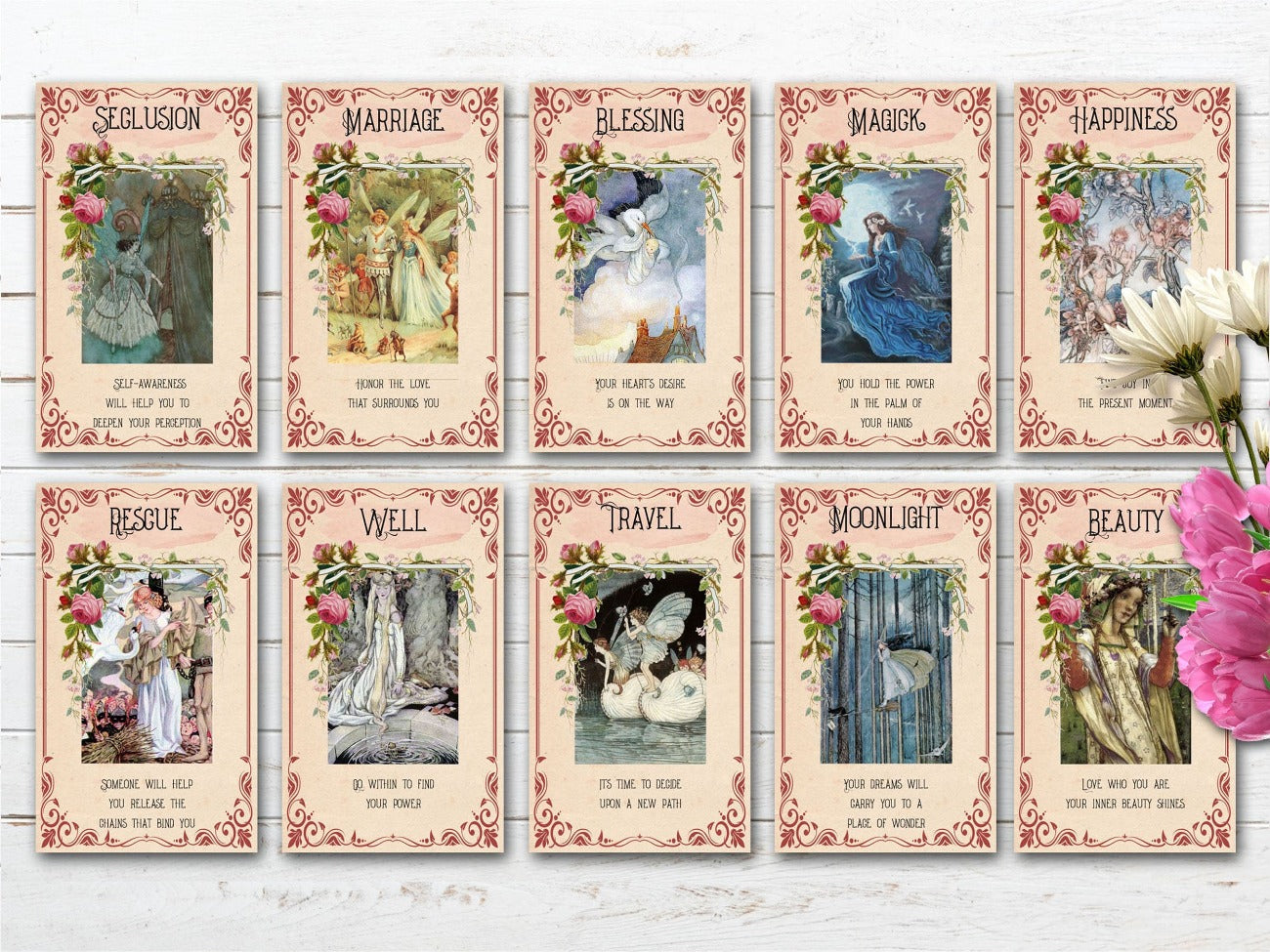 10 Beltane Faery Oracle Cards with rose banners, assorted vintage fairy pictures and ornate borders - Morgana Magick Spell
