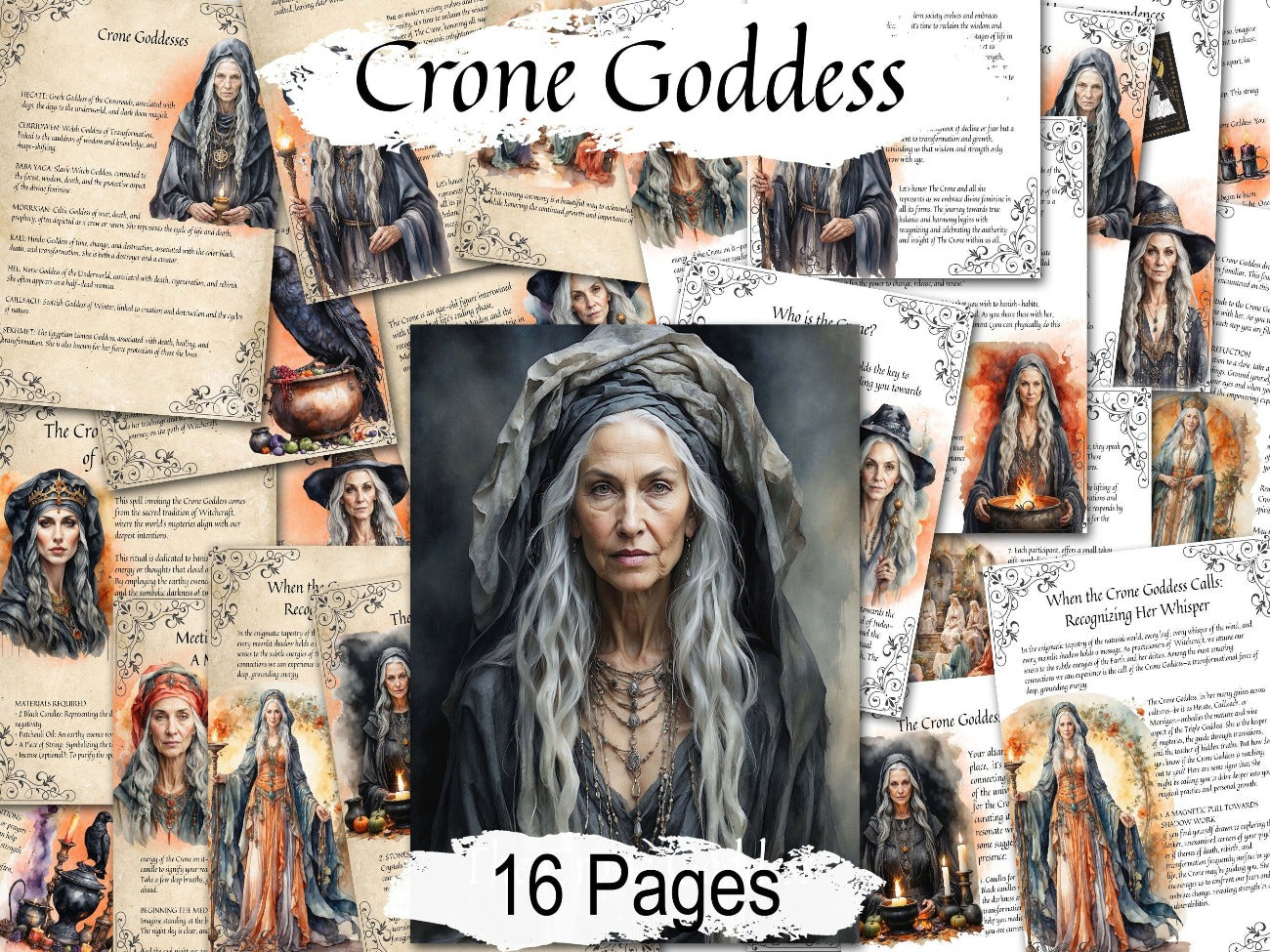 THE CRONE GODDESS, 16 Printable Pages, shown with the optional white and parchment backgrounds. Connect with the energy of the Dark Mother, Pages include a Crone Ritual, Spell, Meditation - Morgana Magick Spell