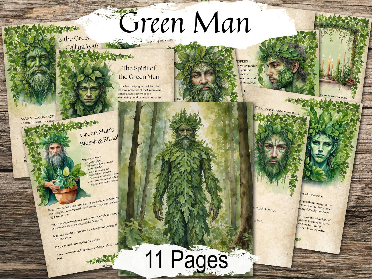 THE GREEN MAN, 11 pages, Printable Celtic Forest Spirit God, Parchment Background - Morgana Magick Spell