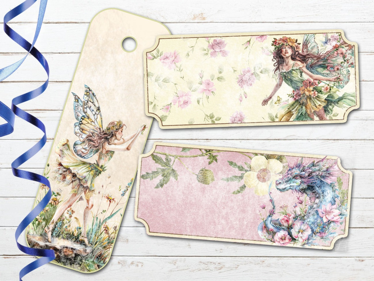 BELTANE LABELS, 3 Oblong Printable Tags in soft pastel colors, botanical floral, delicate fairy and fantasy dragon images. Tags are different shapes and sizes - Morgana Magick Spell