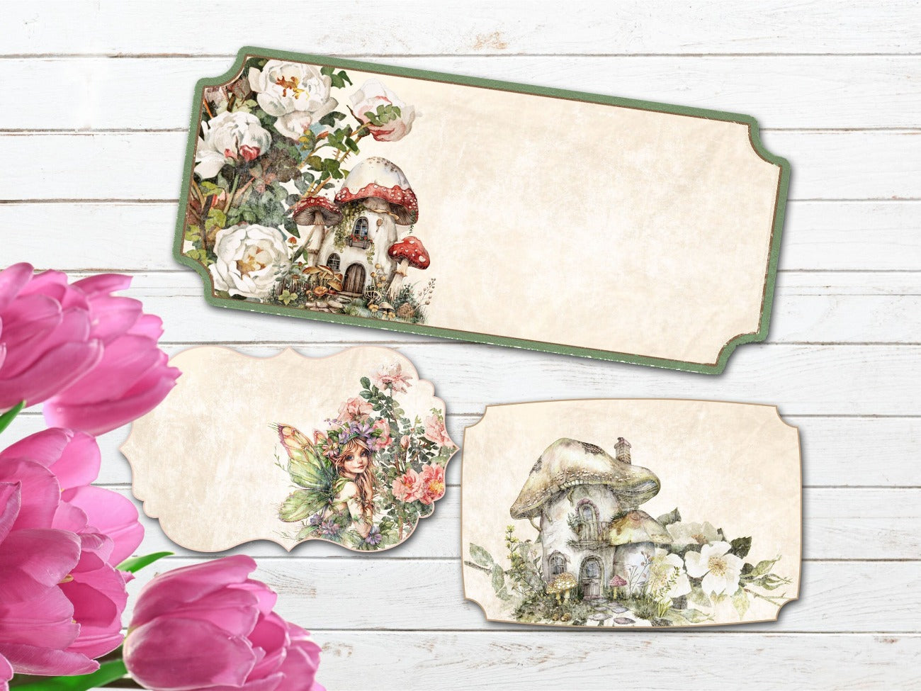 BELTANE LABELS, 3 Printable Tags in soft pastel colors, botanical floral, delicate fairy, and mushroom fairy house images. Tags are different shapes and sizes - Morgana Magick Spell