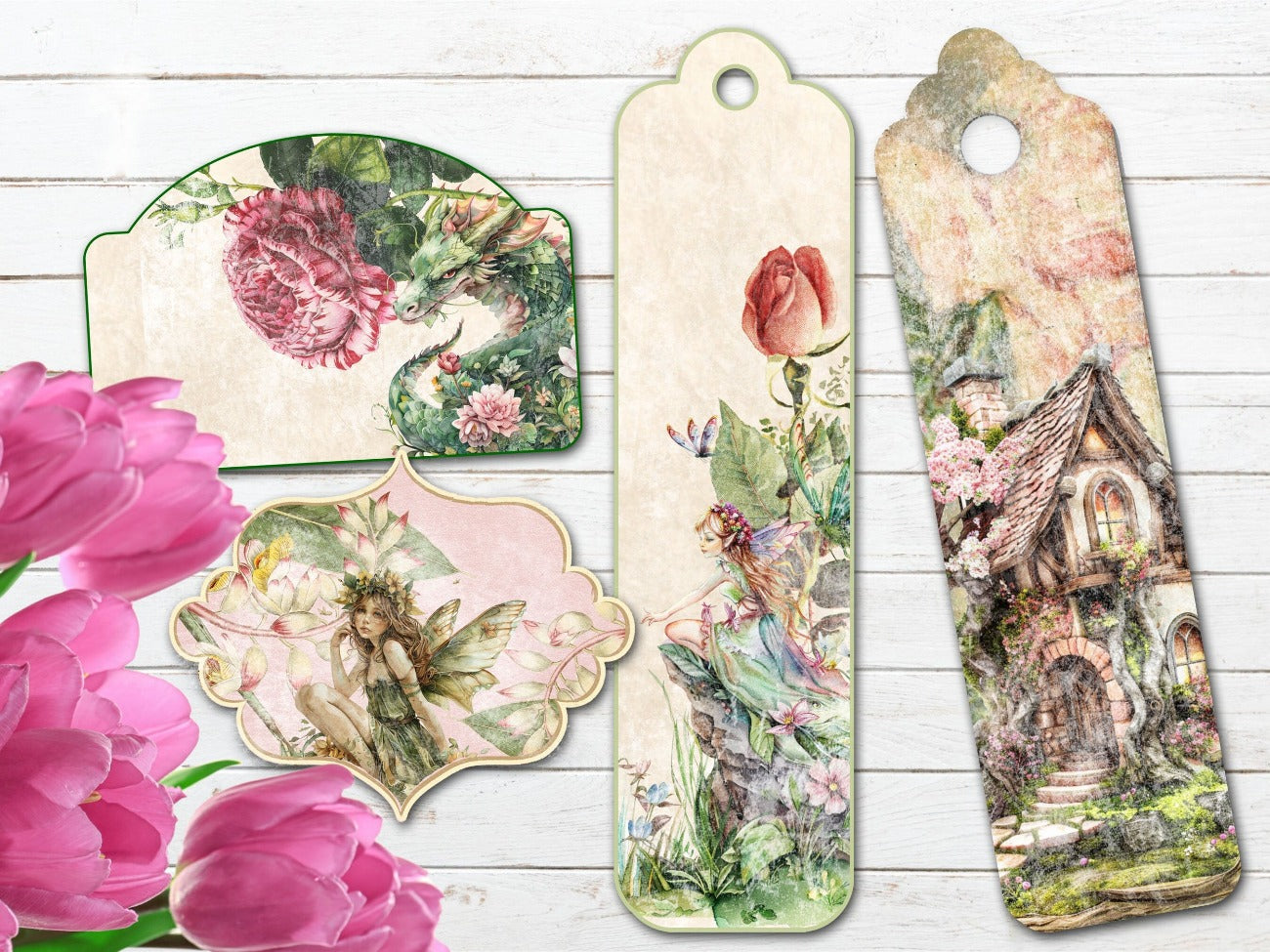 BELTANE LABELS, 4 Printable Tags in soft pastel colors, botanical floral and delicate fairy images. Tags are different shapes and sizes - Morgana Magick Spell