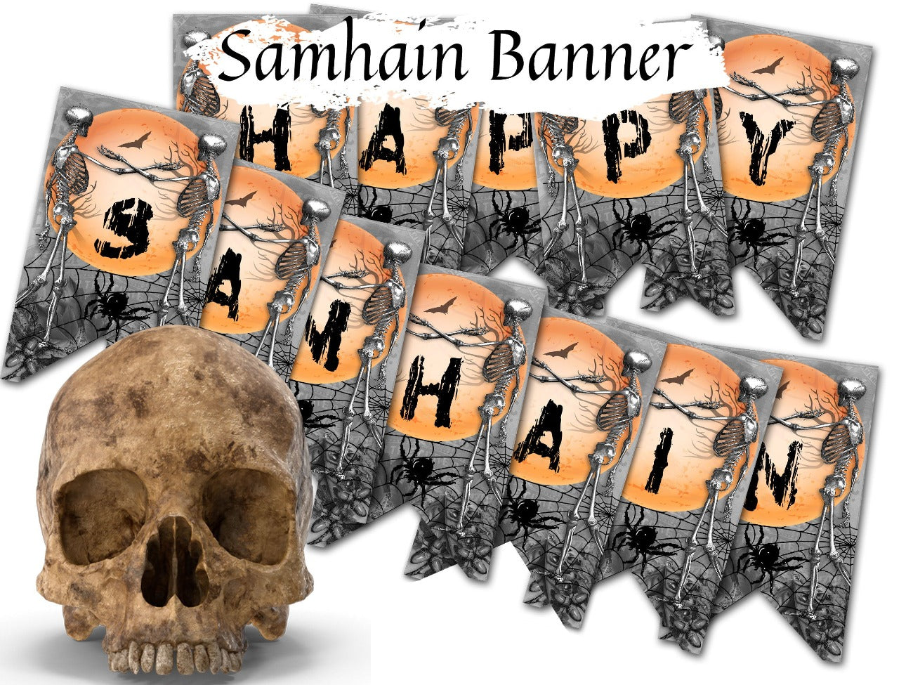 HAPPY SAMHAIN BANNER, Pagan Altar Decoration, Wicca Sabbat Festival Celebration Bunting, Printable Samhain Garland Lettering - Morgana Magick Spell