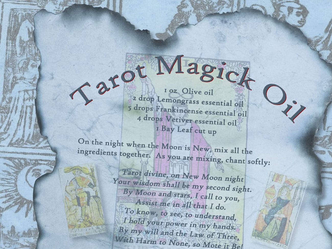 TAROT OIL Recipe, Printable Essential Oil Card Blessing, Recipe for Wicca Oracle Potion, Card Reading, Moon Spell, Grimoire Spellbook Page - Morgana Magick Spell