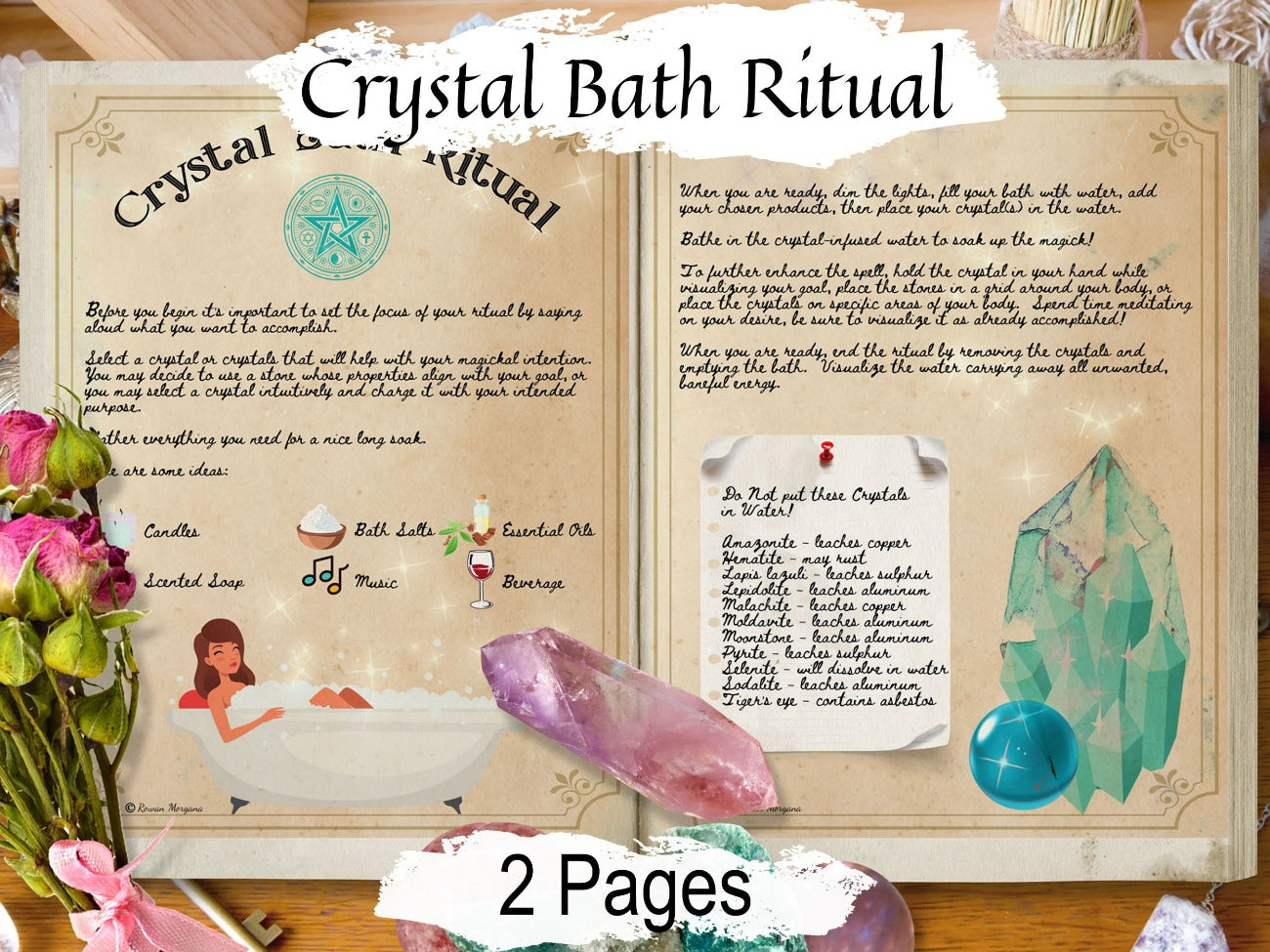 CRYSTAL BATH RITUAL 2 Pages, Crystal Bath Soak, Purification Bath to Cleanse and Clear Negative Energy, crystal and water magic witchcraft - Morgana Magick Spell