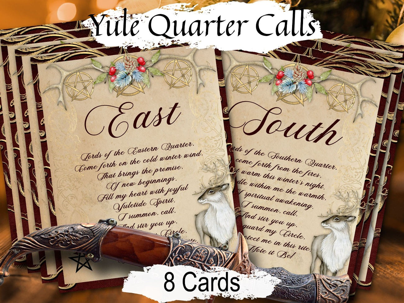 YULE CALL the QUARTERS, 8 Cards, Call and Release the Four Directions, Wicca Yule Sabbat, Make Sacred Space, Cast a Magic Circle, Printable - Morgana Magick Spell