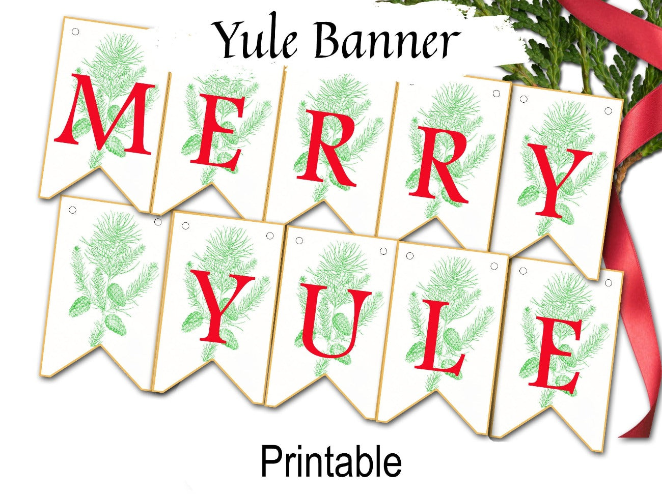 MERRY YULE BANNER, Pagan Altar Garland Decoration, Wicca Sabbat Festival Celebration Bunting, 10 Printable Flags for Winter Solstice - Morgana Magick Spell