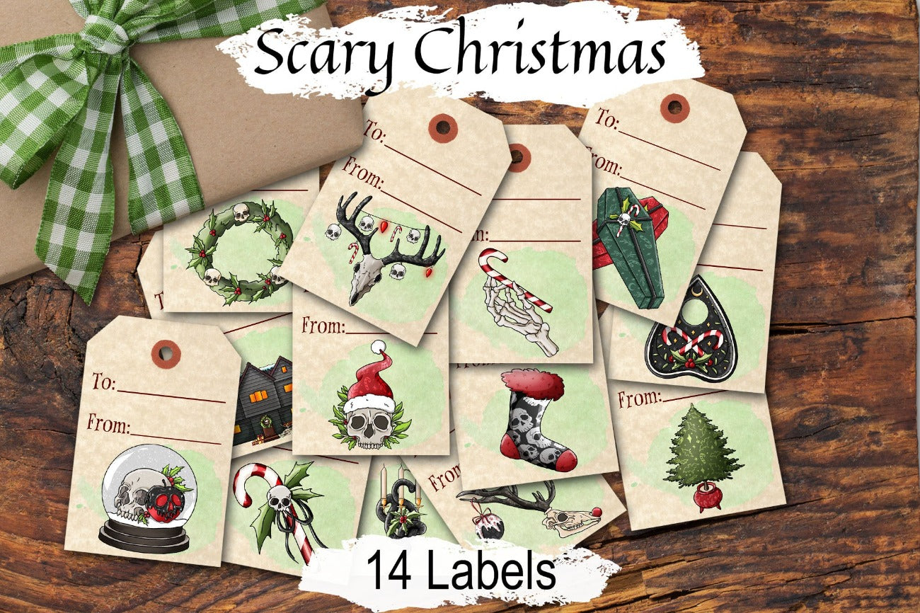 SCARY CHRISTMAS Gothic Creepy & Spooky, Add a bit of horror to Christmas Gifts, Scary Yule Winter Solstice Tags, 14 Printable Labels - Morgana Magick Spell
