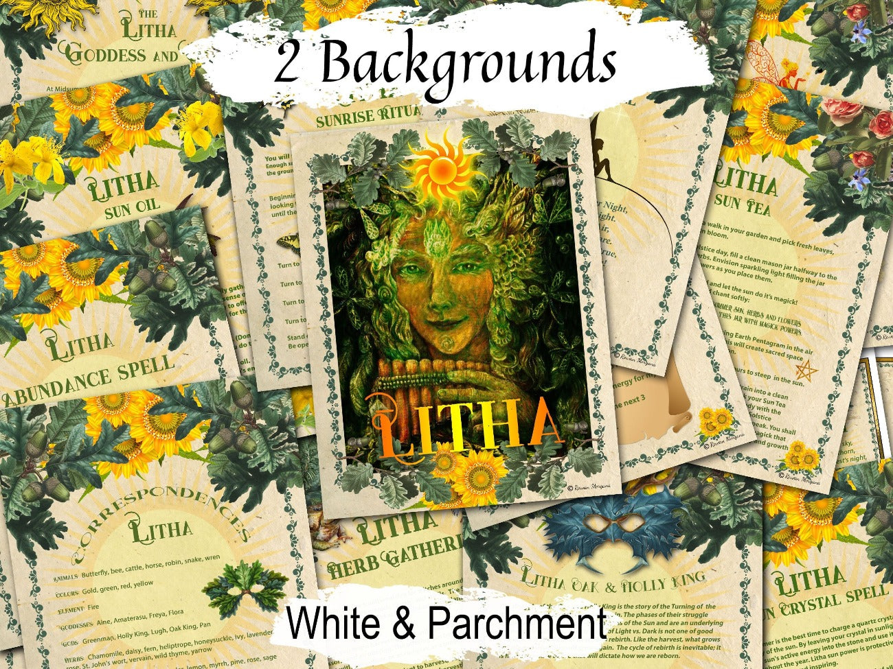 LITHA BUNDLE, 24 Pages Summer Solstice Wiccan Sabbat shown with the parchment background - Morgana Magick Spell