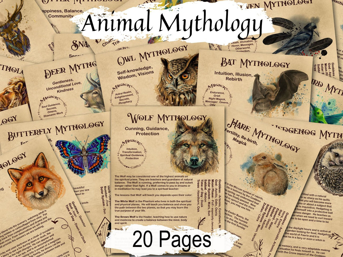 ANIMAL MAGIC Bundle 20 PAGES, Mythology Spirit Totem Animals, Wicca Witchcraft Animal Guides, Power Totem Animal, Wolf, Raven Owl, Printable - Morgana Magick Spell