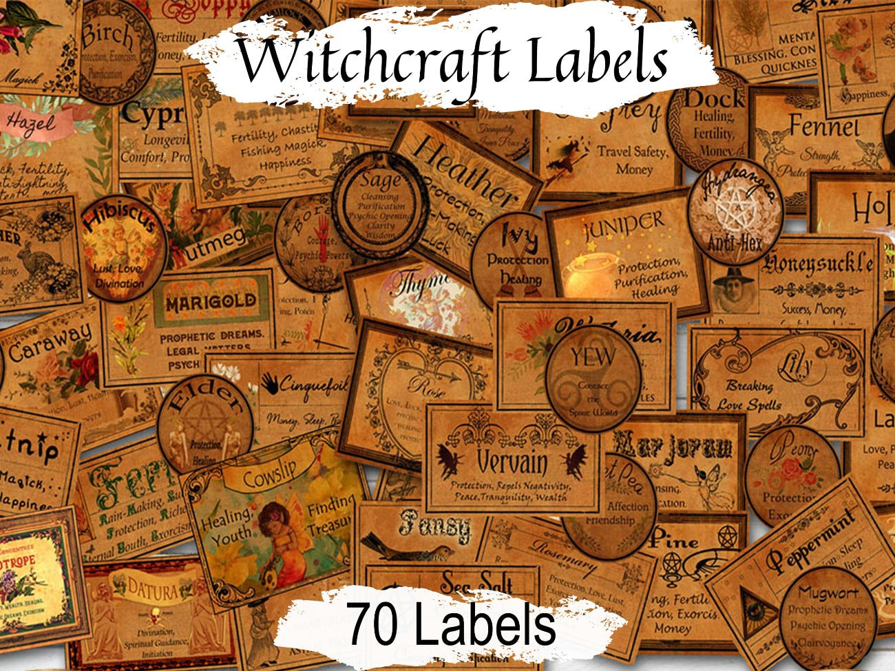 70 WITCHCRAFT LABELS, 2 sizes Large & Small, Wicca Witch Herbs and their Magickal Uses, Apothecary Herb Labels, Potion Spell Spice Labels - Morgana Magick Spell