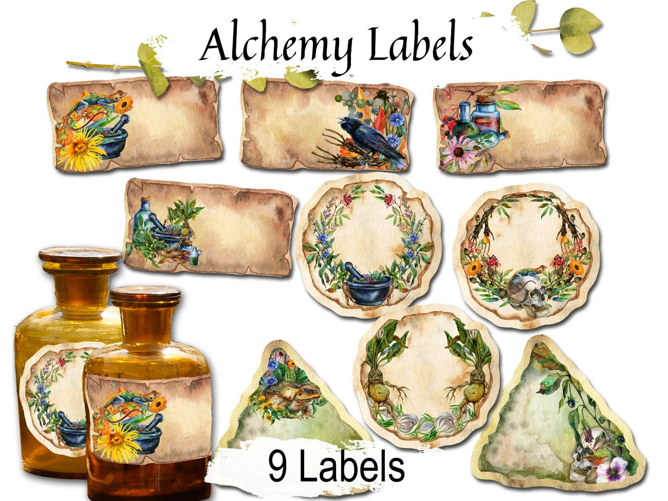 OCCULT ALCHEMY LABELS, Hermetic stickers, 9 printable art labels for your poison potion bottles, occult grimoire journal or Book of Shadows - Morgana Magick Spell