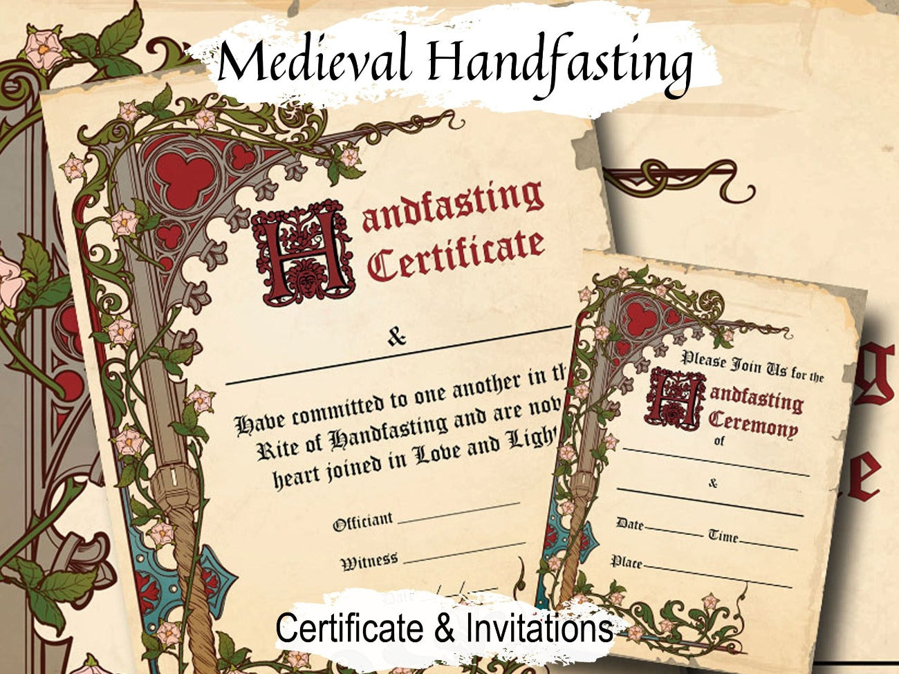 MEDIEVAL HANDFASTING, Printable Certificate & Invitation, Wicca Pagan Wedding Marriage Parchment, Jump the Broom, Witchcraft Cord Binding - Morgana Magick Spell