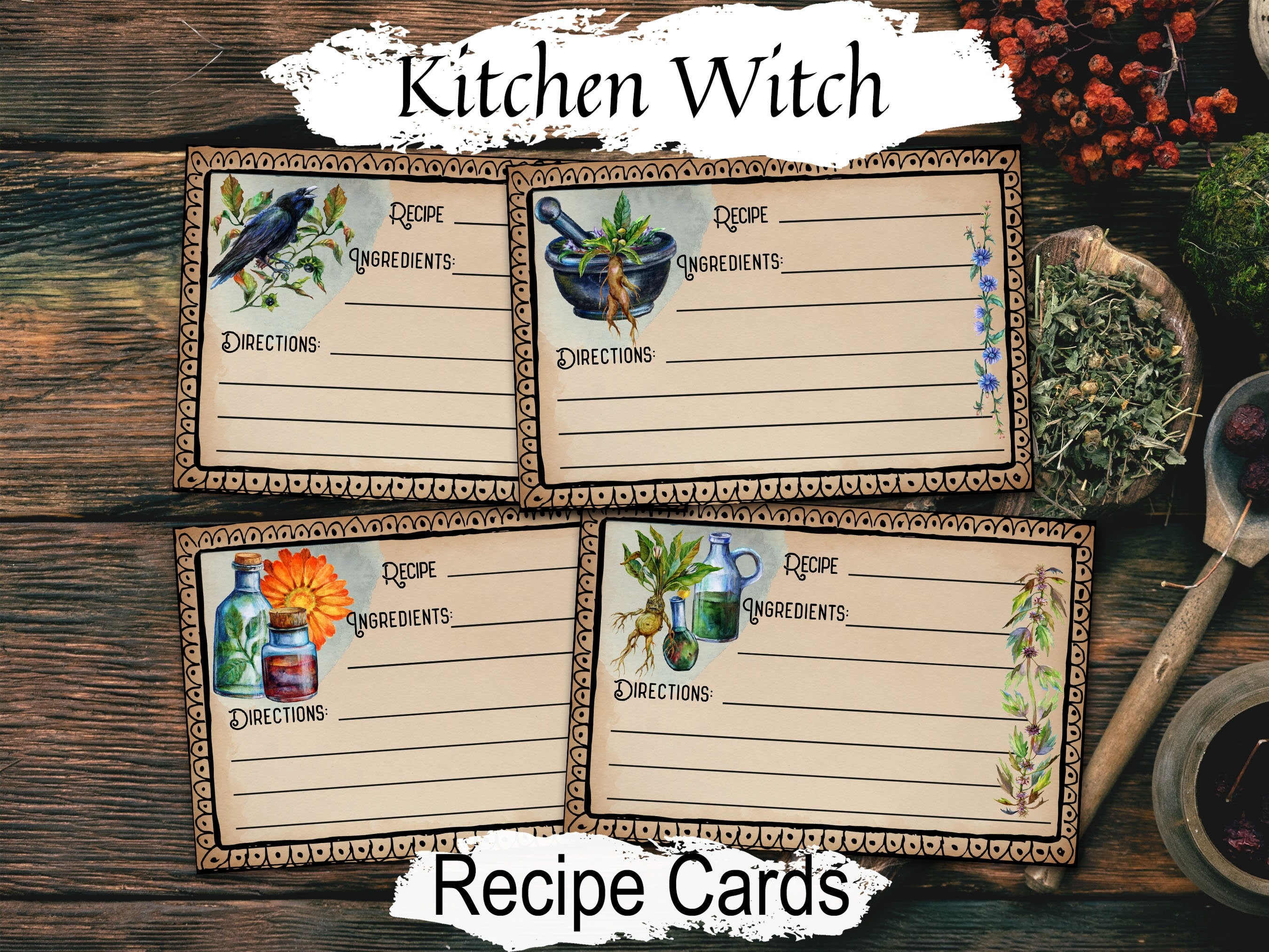 KITCHEN WITCH Recipe Cards, Record your Witchy recipes and spells, Printable Journal Cards for Wicca Witchcraft Potions Spells Oils Incense - Morgana Magick Spell