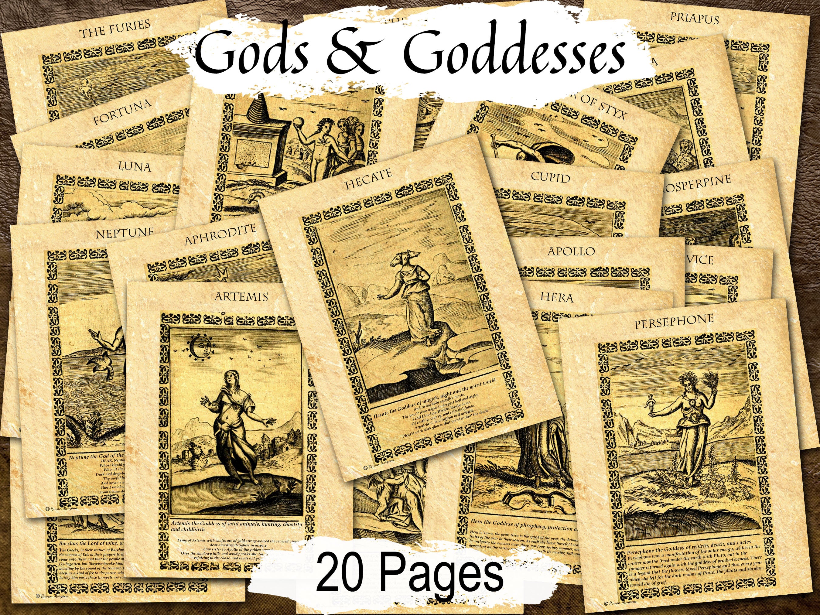 Ancient GODS & GODDESSES BUNDLE 20 pages, Occult Pictures of Gods and Goddesses from an Ancient Spell Book, Wicca Witchcraft Printable - Morgana Magick Spell