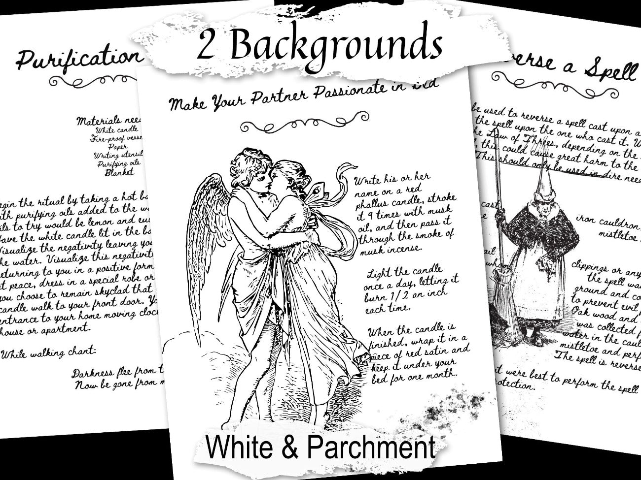 49 Witch Spell pages also come with a white background. An example of the pages on white is displayed.