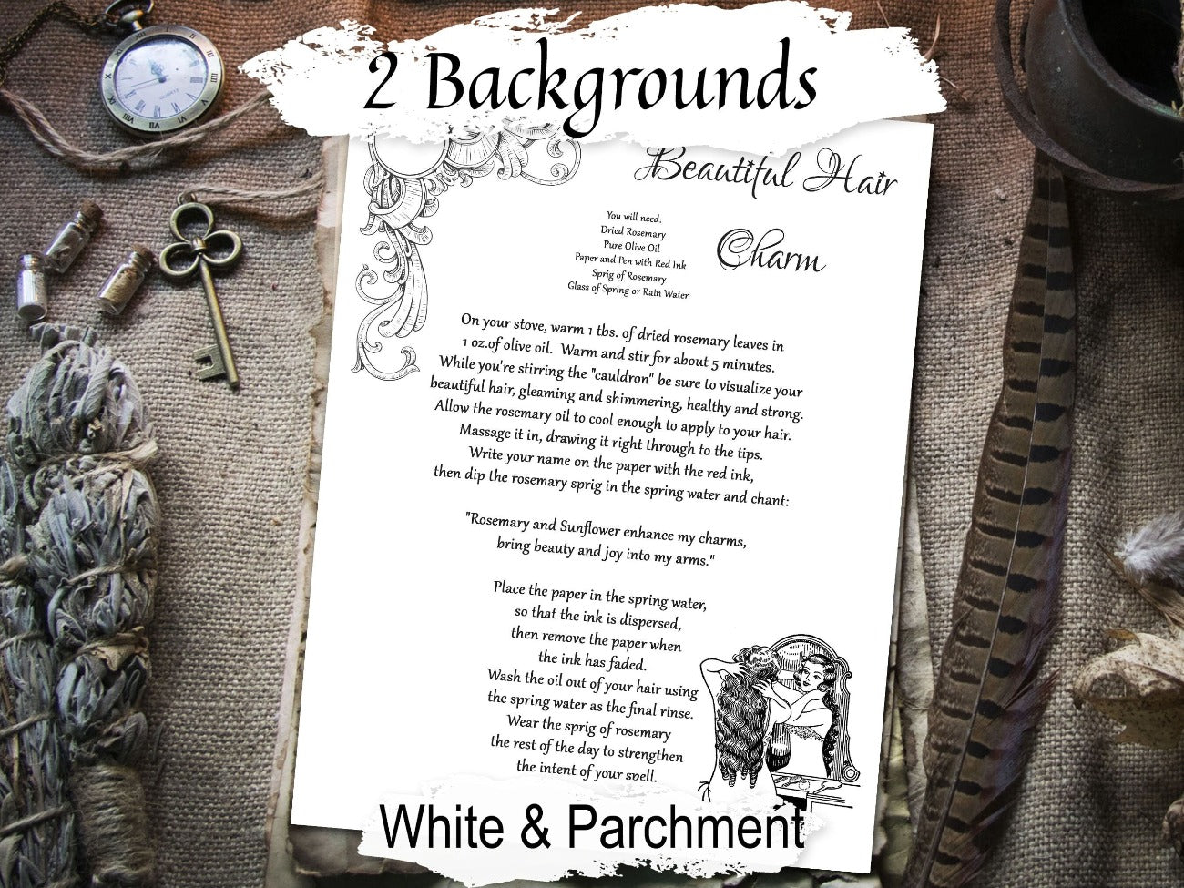 BEAUTIFUL HAIR CHARM, Grow Out your Hair, Magic Potion, Kitchen Witch, long strong hair growth, Printable page for your Spellbook - Morgana Magick Spell