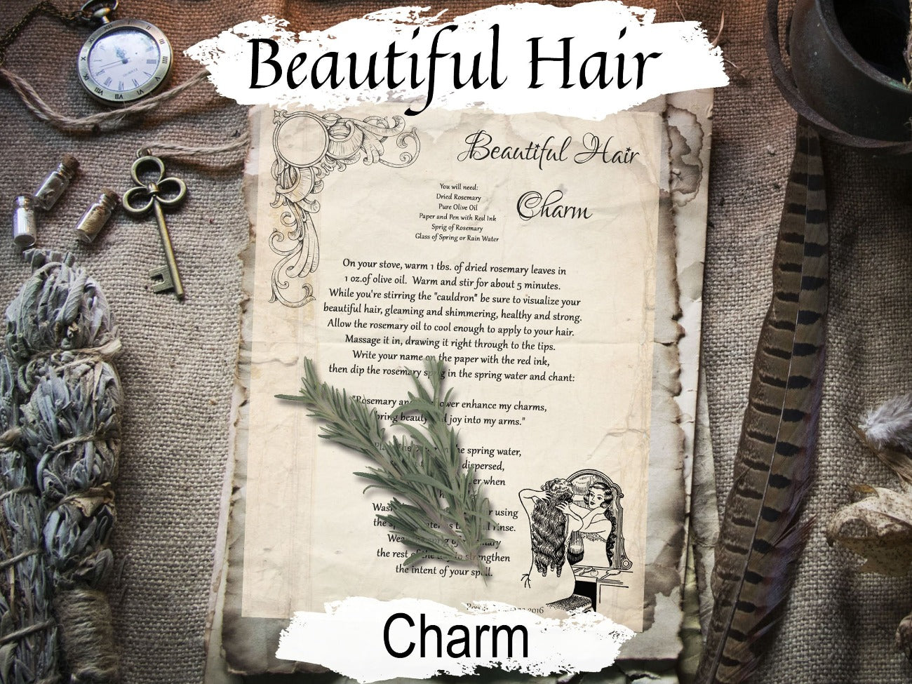 BEAUTIFUL HAIR CHARM, Grow Out your Hair, Magic Potion, Kitchen Witch, long strong hair growth, Printable page for your Spellbook - Morgana Magick Spell