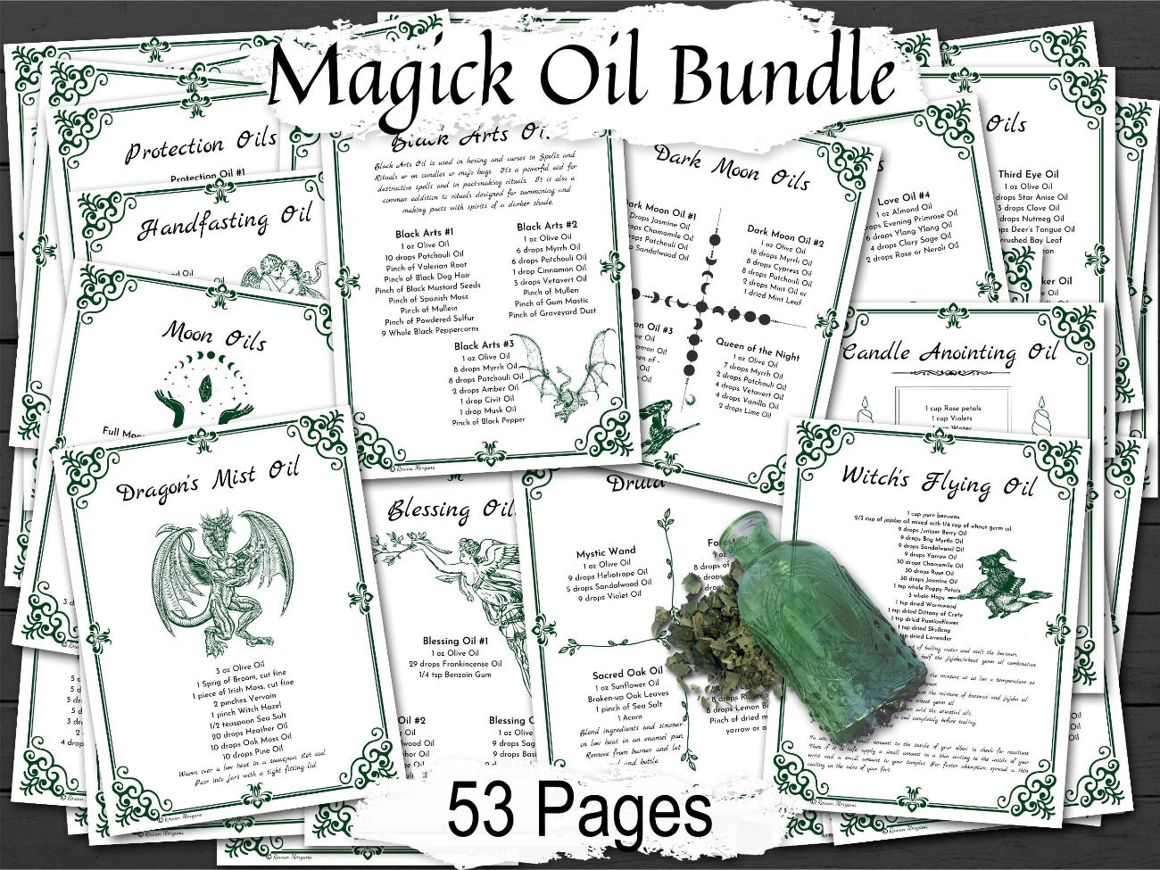 MAGIC SPELL OILS Bundle, 53 Pages with over 180 Recipes, Wicca Witchcraft Guide to creating Sacred Oils, Pagan Herbal Oil Recipes Spellbook - Morgana Magick Spell