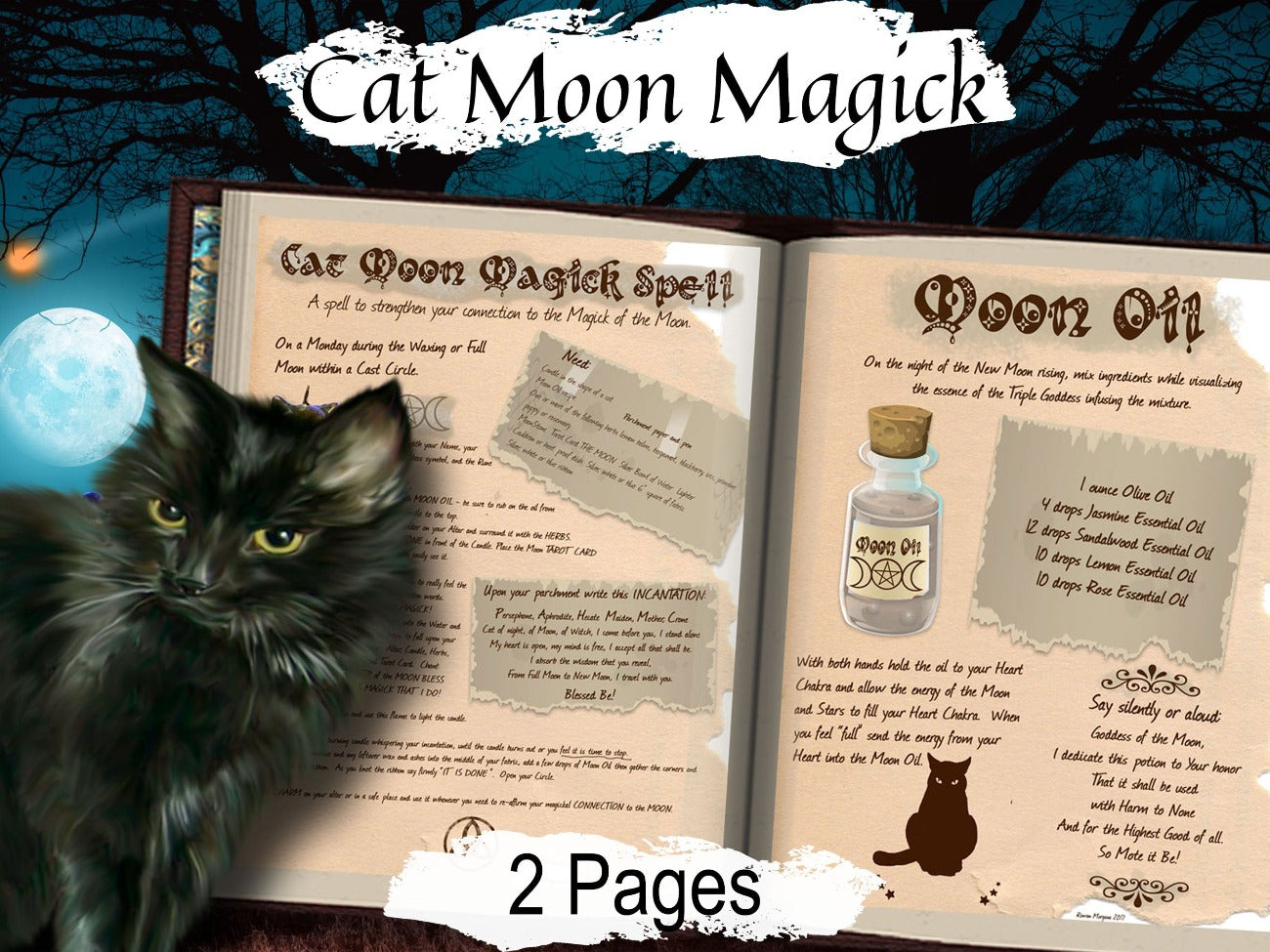 CAT MOON MAGICK Connect to the Moon Goddess, Wicca Moon Oil Recipe, Draw Down the Moon, Cat Grimoire, Triple Moon Magic Printable - Morgana Magick Spell