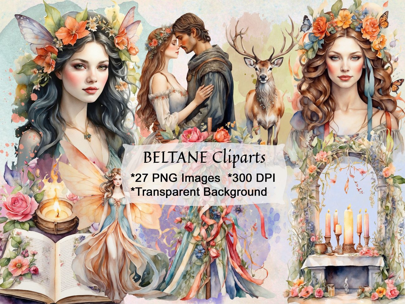 BELTANE CLIPART, Fantasy Spring Graphics, May Day Sabbat Grimoire, Watercolor Art, Commercial Use, Goddess Wicca Gift, Commercial Use - Morgana Magick Spell