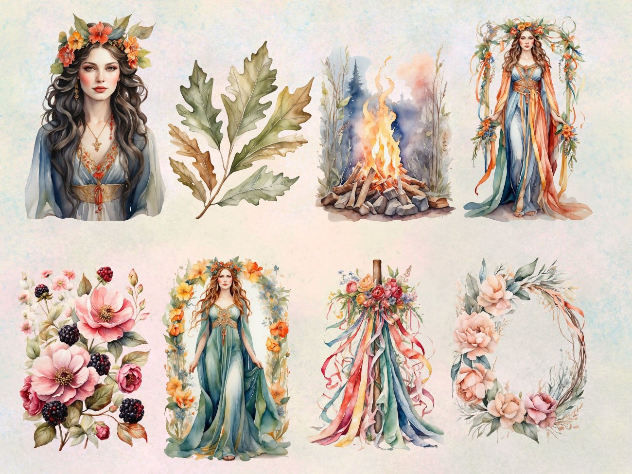 BELTANE CLIPART, Fantasy Spring Graphics, May Day Sabbat Grimoire, Watercolor Art, Commercial Use, Goddess Wicca Gift, Commercial Use - Morgana Magick Spell