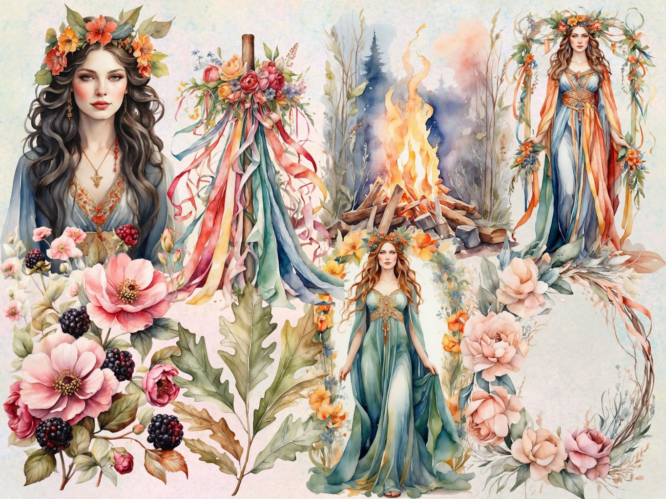 BELTANE CLIPART, Fantasy Spring Graphics, May Day Sabbat Grimoire, Watercolor Art, Commercial Use, Goddess Wicca Gift, Commercial Use - Morgana Magick Spell