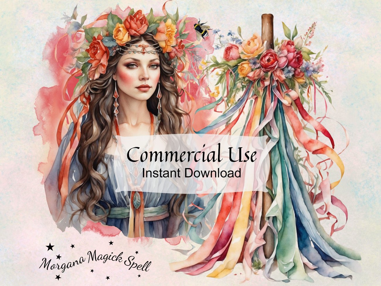 BELTANE CLIPART, Fantasy Spring Graphics, May Day Sabbat Grimoire, Watercolor Art, Commercial Use, Goddess Wicca Gift, Commercial Use - Morgana Magick Spell