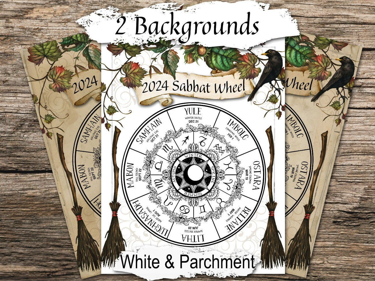 2024 WHEEL of the YEAR, Northern Hemisphere, Sabbat Calendar, shown with the optional white and parchment backgrounds - Morgana Magick Spell