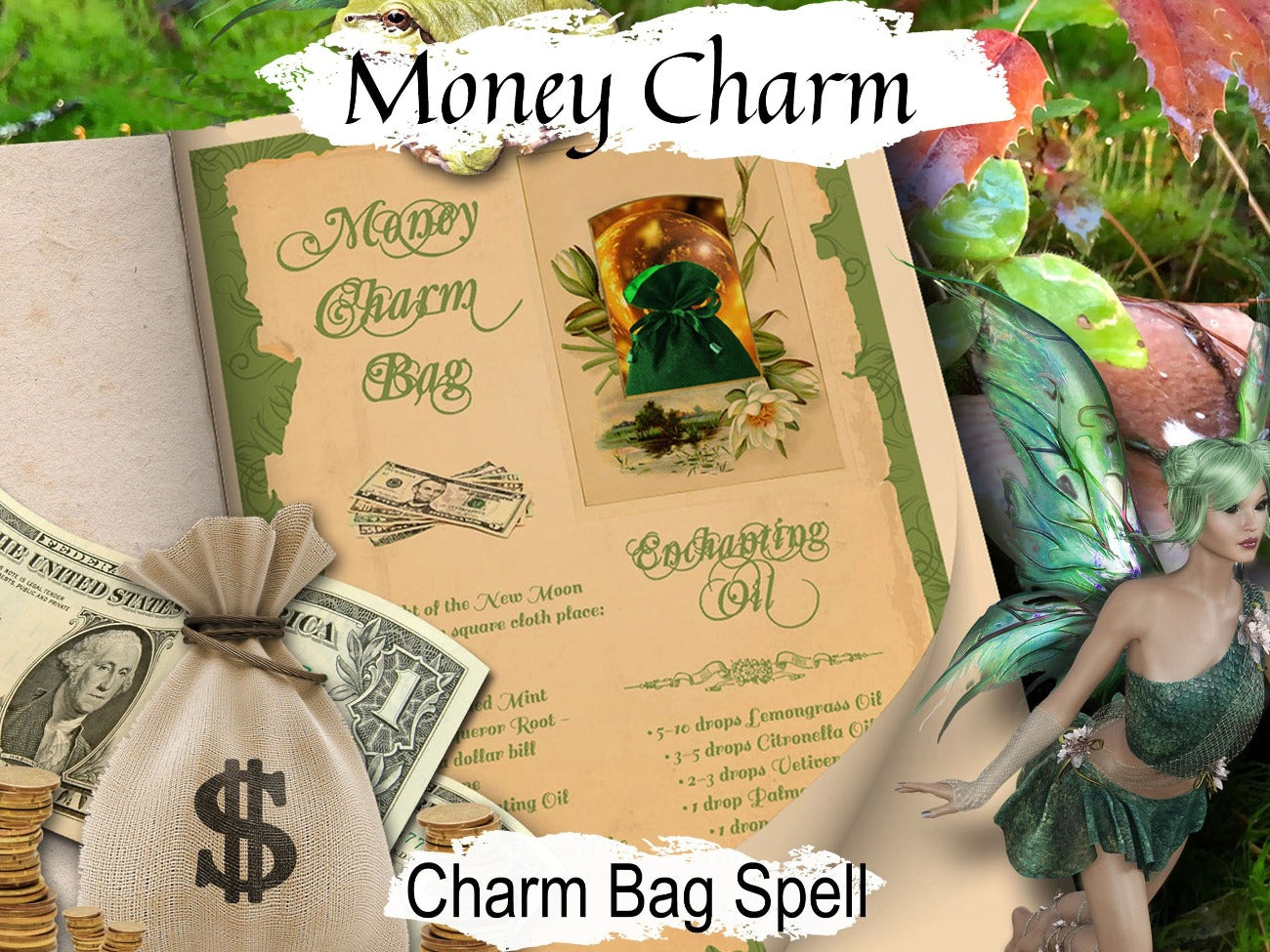 MONEY CHARM BAG, Create Wealth Spell Recipe, Bring Prosperity, Wicca Witchcraft Abundance Attract Money, Green Witch Apothecary Printable - Morgana Magick Spell