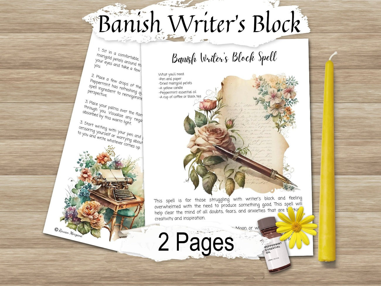 BANISH WRITERS BLOCK, Author Magic Spell, Remove obstacles to your creative flow, clear writing blockages, Wicca Witch 2 Printable Pages - Morgana Magick Spell