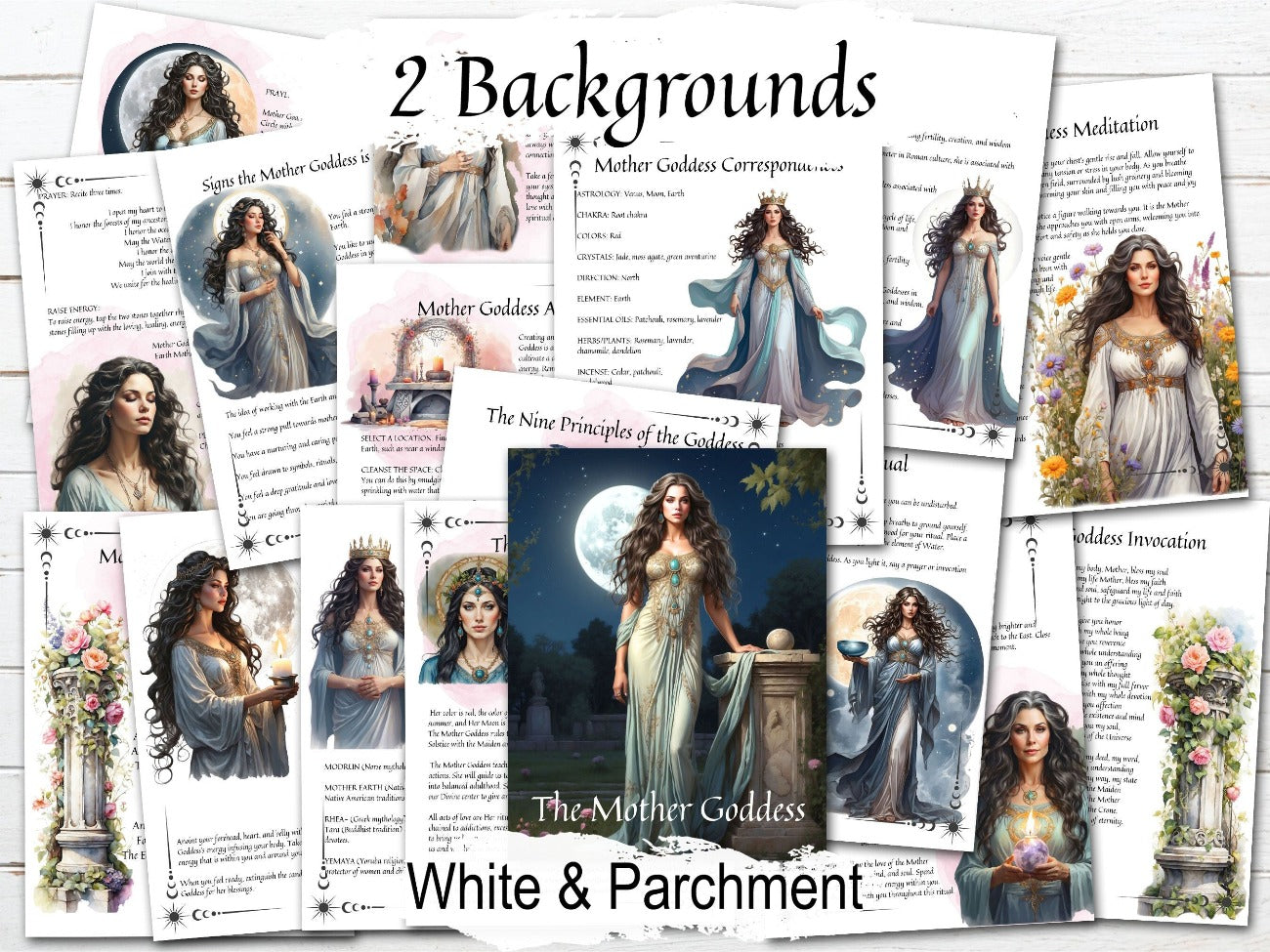 THE MOTHER GODDESS, 18 Printable Pages shown with the optional white background - Morgana Magick Spell