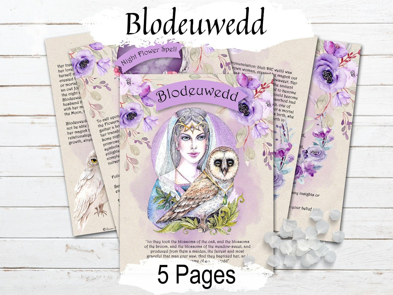 BLODEUWEDD Celtic Owl Goddess, 5 Printable Pagan Spellbook pages, Celtic Mythology and Correspondences, Night Flower Spell & Incantation - Morgana Magick Spell