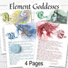 ELEMENT GODDESSES of Earth, Air, Fire & Water, 4 Pages, Goddess Correspondences, Wicca Witchcraft Elemental Goddess Cheat Sheets Printable - Morgana Magick Spell