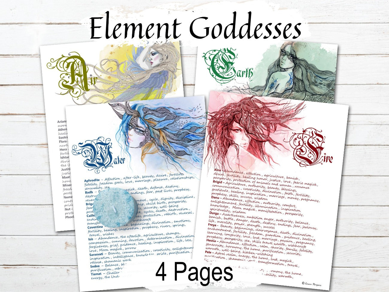 ELEMENT GODDESSES of Earth, Air, Fire & Water, 4 Pages, Goddess Correspondences, Wicca Witchcraft Elemental Goddess Cheat Sheets Printable - Morgana Magick Spell