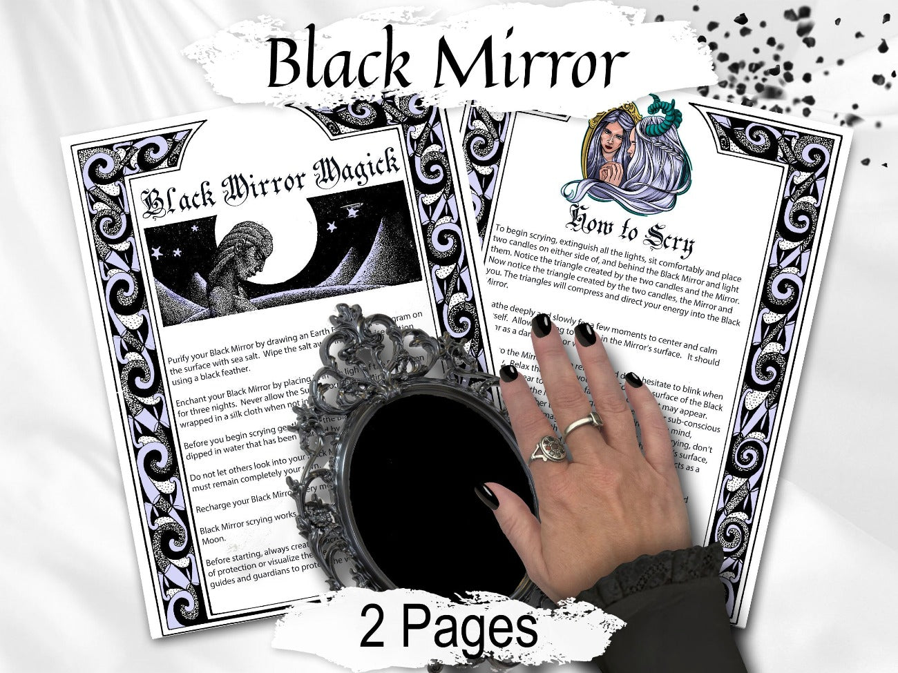 BLACK MIRROR Magic, 2 Printable Pages, Wicca Witchcraft Scrying Mirror Divination, Mirror Cleansing and Charging, Spirit World Magic - Morgana Magick