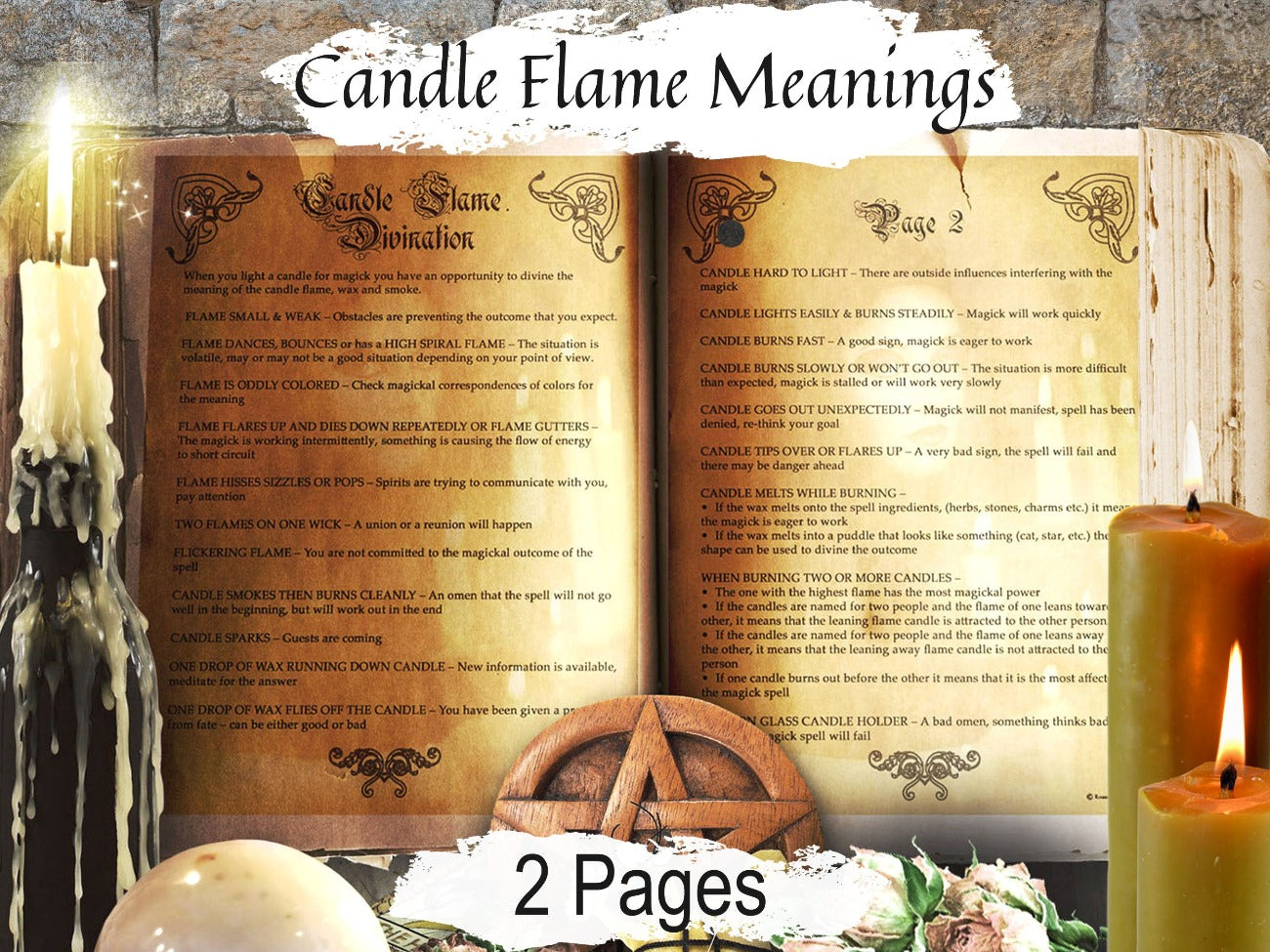 CANDLE FLAME DIVINATION 2 Pages, Witchcraft Candle Burning, Guttering Flickering Candle Flame Meaning, Wicca Candle Magic Dancing Fire Signs - Morgana Magick Spell