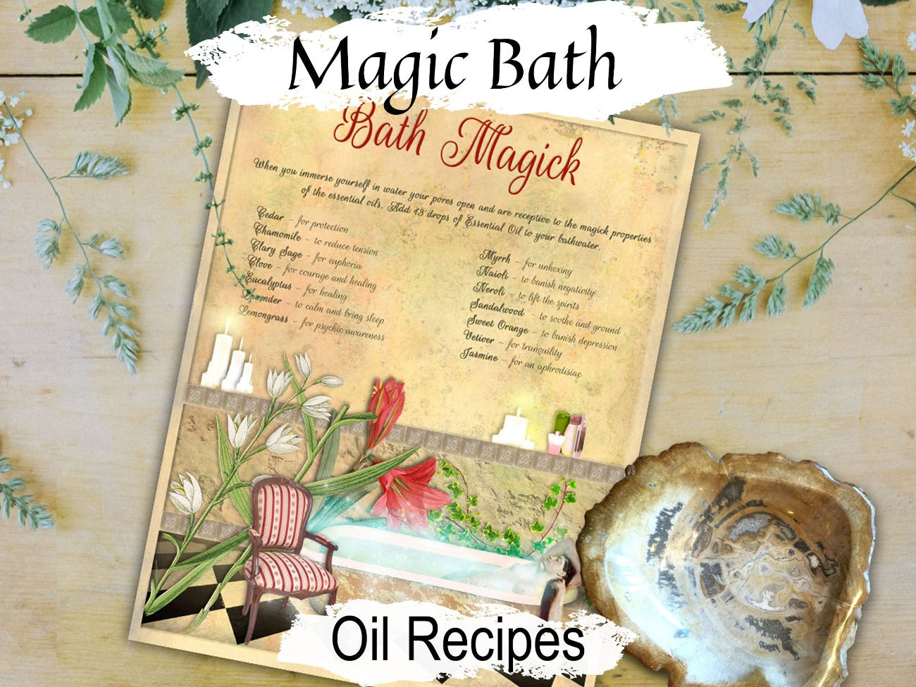 BATH MAGICK, Printable Ritual Bath Essential Oil Recipes, Wicca Aromatherapy Bath Oils for Cleansing, Purification and Spiritual Awareness - Morgana Magick Spell